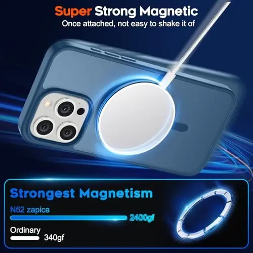 zapica iPhone 15 Pro Max uchun magnitli g‘ilof, [MagSafe bilan mos] [Harbiy darajadagi tushishdan himoya] Ayollar va erkaklar uchun shaffof matli zarbga chidamli tirnalishga qarshi telefon g‘ilofi, to‘q ko‘k - 3