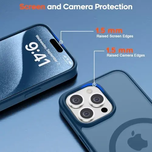 zapica iPhone 15 Pro Max uchun magnitli g‘ilof, [MagSafe bilan mos] [Harbiy darajadagi tushishdan himoya] Ayollar va erkaklar uchun shaffof matli zarbga chidamli tirnalishga qarshi telefon g‘ilofi, to‘q ko‘k - 6