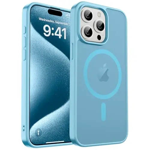 zapica iPhone 15 Pro Max uchun magnitli gʻilof, [MagSafe bilan mos] [Harbiy darajadagi tushishdan himoya] Ayollar va erkaklar uchun shaffof mato zarbga chidamli tirnalishga qarshi telefon gʻilofi, och koʻk 