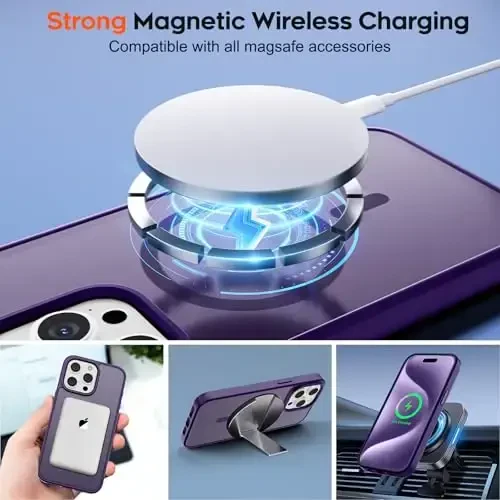 zapica iPhone 15 Pro Max uchun magnitli g‘ilof, [MagSafe bilan mos] [Harbiy darajadagi tushishdan himoya] Yarim shaffof mato zarbga chidamli tirnalishga qarshi telefon g‘ilofi ayollar va erkaklar uchun, to‘q binafsha - 4