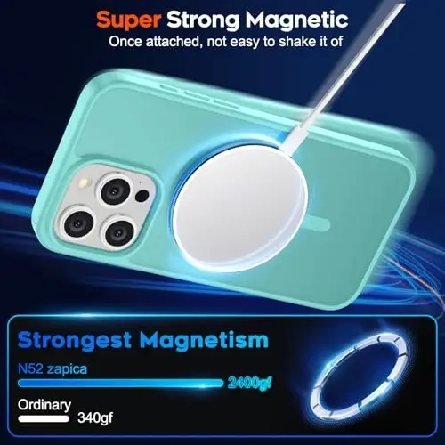 zapica iPhone 15 Pro Max uchun magnitli g‘ilof, [MagSafe bilan mos] [Harbiy standartga mos tushishdan himoya] Shaffof mat zarbaga chidamli tirnalishga qarshi telefon g‘ilofi ayollar va erkaklar uchun, ko‘k yashil - 3