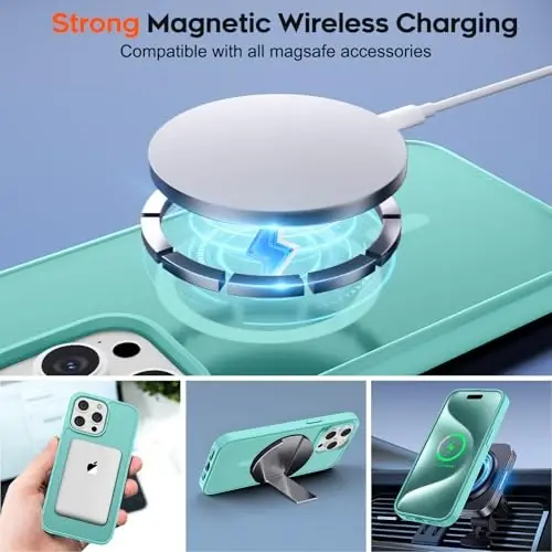 zapica iPhone 15 Pro uchun magnitli g‘ilof, [MagSafe bilan mos] [Harbiy darajadagi tushishdan himoya] Shaffof mat zarbga chidamli tirnalishga qarshi telefon g‘ilofi ayollar va erkaklar uchun, ko‘k yashil - 4