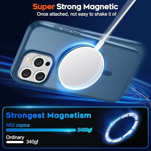 zapica iPhone 15 Pro uchun magnitli g‘ilof, [MagSafe bilan mos] [Harbiy darajadagi tushishdan himoya] Yarim shaffof mato zarbga chidamli tirnalishga qarshi telefon g‘ilofi ayollar va erkaklar uchun, to‘q ko‘k - 3