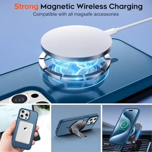 zapica iPhone 15 Pro uchun magnitli g‘ilof, [MagSafe bilan mos] [Harbiy darajadagi tushishdan himoya] Yarim shaffof mato zarbga chidamli tirnalishga qarshi telefon g‘ilofi ayollar va erkaklar uchun, to‘q ko‘k - 4