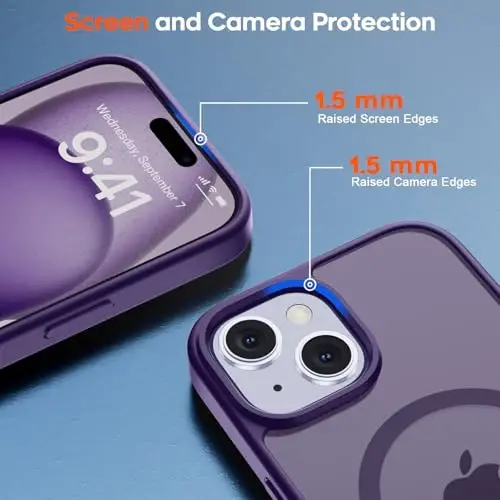 zapica iPhone 15 va iPhone 14 uchun magnitli g'ilof, [MagSafe bilan mos] [Harbiy darajadagi tushishdan himoya] Yarim shaffof matli zarbga chidamli tirnalishga qarshi telefon qopqog'i, to'q binafsha - 3