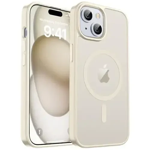 zapica iPhone 15 va iPhone 14 uchun magnitli g‘ilof, [MagSafe bilan mos] [Harbiy darajadagi tushishdan himoya] Yarim shaffof mato zarbga chidamli tirnalishga qarshi telefon qopqog‘i, Antik oq 