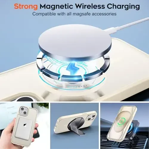 zapica iPhone 15 va iPhone 14 uchun magnitli g‘ilof, [MagSafe bilan mos] [Harbiy darajadagi tushishdan himoya] Yarim shaffof mato zarbga chidamli tirnalishga qarshi telefon qopqog‘i, Antik oq - 4