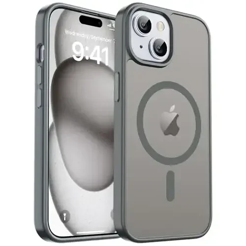 zapica iPhone 15 va iPhone 14 uchun magnitli g‘ilof, [MagSafe bilan mos] [Harbiy darajadagi tushishdan himoya] Yarim shaffof mato zarbga chidamli tirnalishga qarshi telefon qopqog‘i, to‘q kulrang - ZAPICA