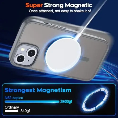 zapica iPhone 15 va iPhone 14 uchun magnitli g‘ilof, [MagSafe bilan mos] [Harbiy darajadagi tushishdan himoya] Yarim shaffof mato zarbga chidamli tirnalishga qarshi telefon qopqog‘i, to‘q kulrang - 3