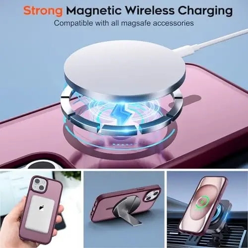 zapica iPhone 15 va iPhone 14 uchun magnitli gʻilof, [MagSafe bilan mos] [Harbiy darajadagi tushishdan himoya] Yarim shaffof mato zarbga chidamli tirnalishga qarshi telefon qopqogʻi, vino rangi - ZAPICA (1)