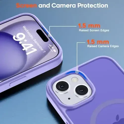 zapica iPhone 15 va iPhone 14 uchun magnitli g'ilof, [MagSafe bilan mos] [Harbiy standartdagi zarbadan himoya] yarim shaffof mat zarbga chidamli tirnalishga qarshi telefon qopqog'i, och binafsha - 6