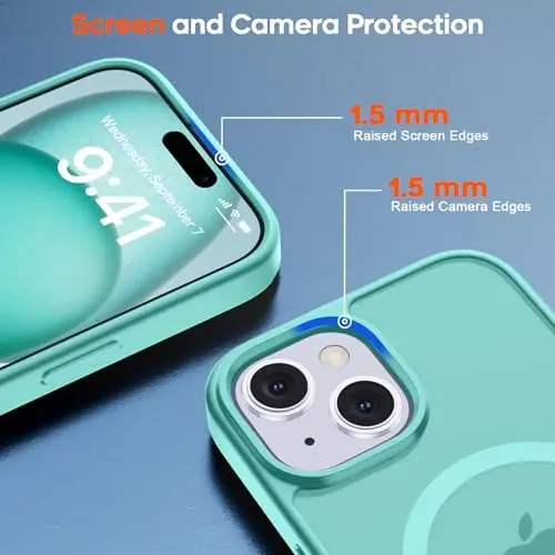zapica Magnetic for iPhone 15 Case & iPhone 14 Case, [Compatible with MagSafe] [Military Grade Drop Protection] Translucent Matte Shockproof Anti-Scratch Phone Cover, Blue Green - 6