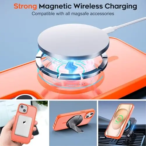 zapica Magnetic for iPhone 15 Case & iPhone 14 Case, [Compatible with MagSafe] [Military Grade Drop Protection] Translucent Matte Shockproof Anti-Scratch Phone Cover, Orange - 4