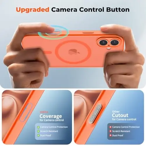 zapica Magnetic for iPhone 16 Plus Case, Upgraded [Camera Control Button] [Full Camera Protection] [with 1 Screen Protector] Translucent Matte Shockproof Protective Phone Cover, Bright Orange - 4