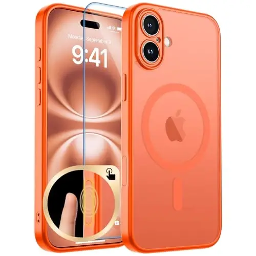 zapica Magnetic for iPhone 16 Plus Case, Bright Orange | Upgraded Camera Control Button, Full Camera Protection, with Screen Protector, Translucent Matte Shockproof Phone Cover 
