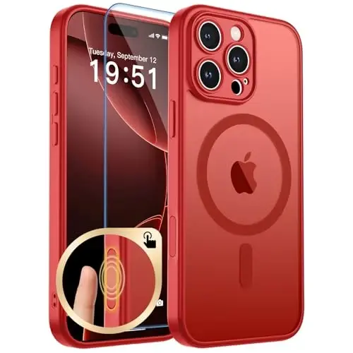 zapica Magnetic for iPhone 16 Pro Case, Bright Red | Upgraded Camera Control Button, Full Camera Protection, with Screen Protector, Translucent Matte Shockproof Phone Cover 