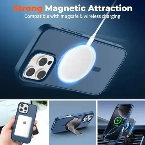 zapica iPhone 16 Pro uchun Magnetic g'ilofi, [MagSafe bilan mos] [Harbiy darajadagi tushishdan himoya] Yarim shaffof mato zarbga chidamli tirnalishga qarshi telefon g'ilofi, to'q ko'k 