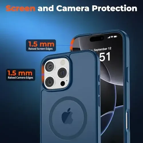 zapica iPhone 16 Pro uchun Magnetic g'ilofi, [MagSafe bilan mos] [Harbiy darajadagi tushishdan himoya] Yarim shaffof mato zarbga chidamli tirnalishga qarshi telefon g'ilofi, to'q ko'k - 5