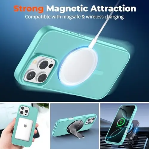 zapica iPhone 16 Pro uchun magnitli g‘ilof, [MagSafe bilan mos] [Harbiy darajadagi tushishdan himoya] Yarim shaffof mato zarbaga chidamli tirnalishga qarshi telefon g‘ilofi, ko‘k yashil 