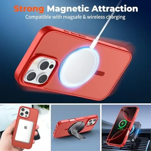 zapica iPhone 16 Pro uchun magnitli g'ilof, [MagSafe bilan mos] [Harbiy darajadagi zarbadan himoya] Yarim shaffof mato zarbga chidamli tirnalishga qarshi telefon g'ilofi, qizil 