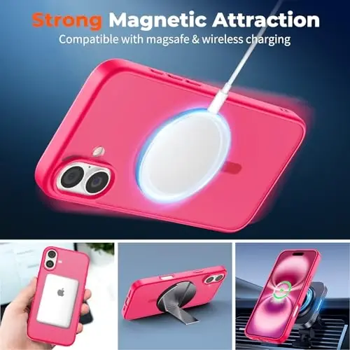 zapica iPhone 16 uchun Magnetic Case, [MagSafe bilan mos] [Harbiy darajadagi tushishdan himoya] Shaffof mato zarbga chidamli tirnalishga qarshi telefon qutisi, Toʻq pushti - 3