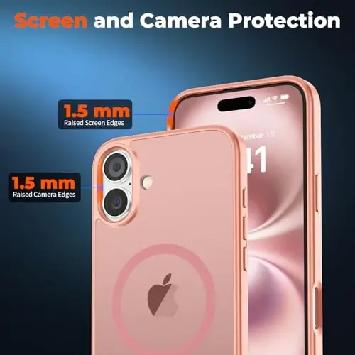 zapica iPhone 16 uchun magnitli g'ilof, [MagSafe bilan mos] [Harbiy darajadagi tushishdan himoya] Yarim shaffof mato zarbaga chidamli tirnalishga qarshi telefon g'ilofi, och pushti - 5