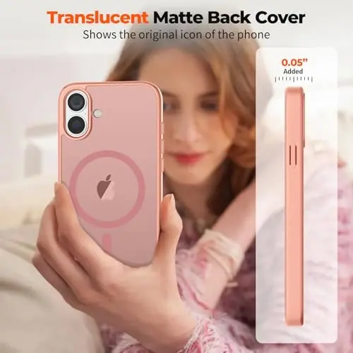 zapica iPhone 16 uchun magnitli g'ilof, [MagSafe bilan mos] [Harbiy darajadagi tushishdan himoya] Yarim shaffof mato zarbaga chidamli tirnalishga qarshi telefon g'ilofi, och pushti - 7