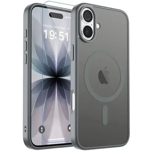 zapica Magnetic for iPhone 17 Case, with [Tempered Glass Screen Protector] [Compatible with MagSafe] Translucent Matte Shockproof Anti-Scratch Phone Cover, Dark Gray 