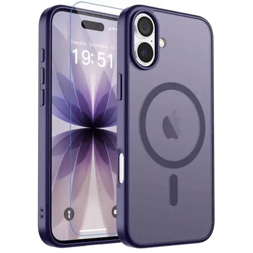 zapica iPhone 17 Kılıf için Manyetik, [Temperli Cam Ekran Koruyuculu] [MagSafe ile Uyumlu] Yarı Saydam Mat Darbeye Dayanıklı Çizilmez Telefon Kapağı, Koyu Mor - 1