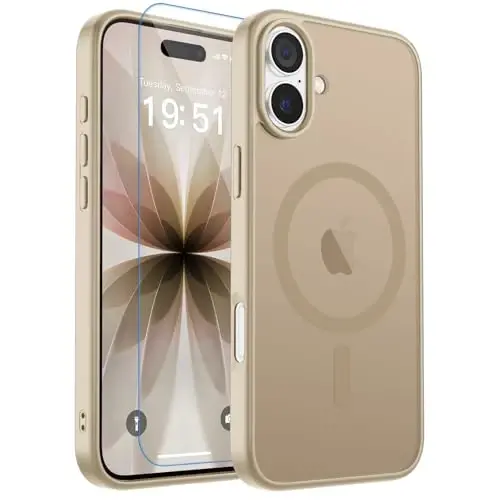 zapica Magnetic for iPhone 17 Case, with [Tempered Glass Screen Protector] [Compatible with MagSafe] Translucent Matte Shockproof Anti-Scratch Phone Cover, Desert Gold 