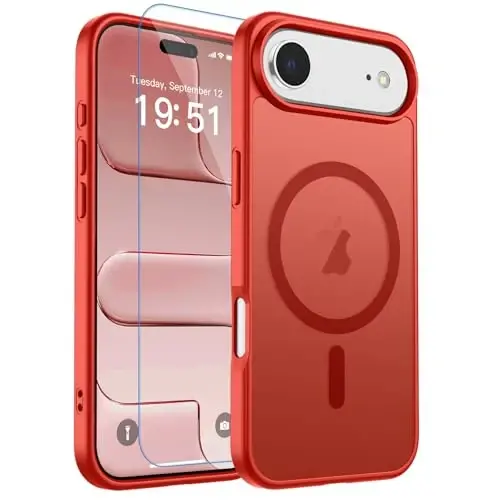 zapica Magnetic for iPhone Air Case, with [Tempered Glass Screen Protector] [Compatible with MagSafe] Translucent Matte Shockproof Anti-Scratch Phone Cover, Red 