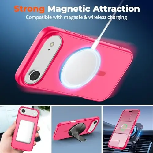 zapica Magnetic for iPhone Air Case, with [Tempered Glass Screen Protector] [Compatible with MagSafe] Translucent Matte Shockproof Anti-Scratch Phone Cover, Hot Pink - 3