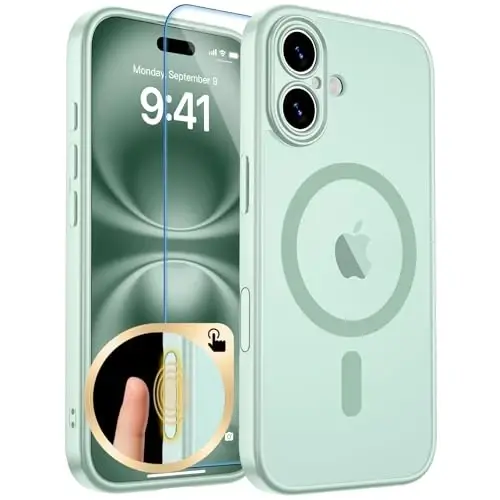 Zapica Magnetic для чехла iPhone 16, улучшенная [кнопка управления камерой] [полная защита камеры] [с 1 защитным экраном] полупрозрачный матовый ударопрочный защитный чехол для телефона, светло-зеленый 