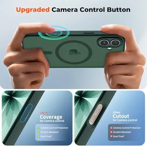 zapica Magnetic для чехла iPhone 17, обновленная [Кнопка управления камерой] [Полная защита камеры] [с 1 защитным экраном] Полупрозрачный матовый противоударный защитный чехол для телефона, темно-зеленый - 4