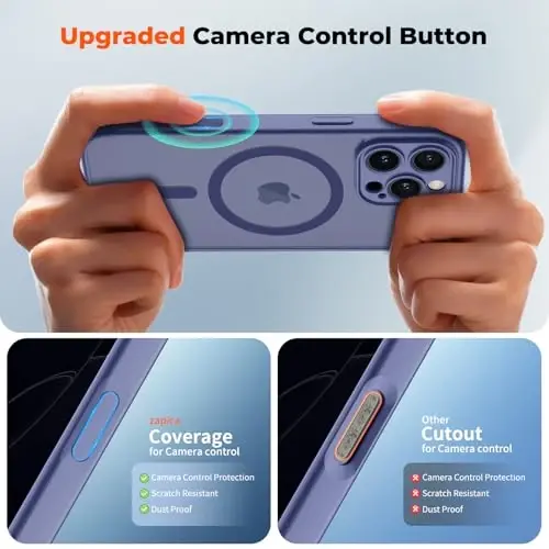 zapica Magnetic для iPhone 16 Pro Max Case, Улучшенный [Кнопка управления камерой] [Полная защита камеры] [с 1 защитным экраном] Полупрозрачный матовый противоударный чехол для телефона, сине-серый - 4