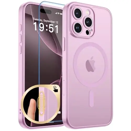 zapica Magnetic для iPhone 16 Pro, улучшенный [кнопка управления камерой] [полная защита камеры] [с 1 защитным стеклом] полупрозрачный матовый противоударный защитный чехол для телефона, пурпурно-розовый 