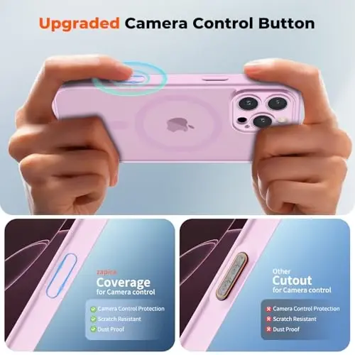 zapica Magnetic для iPhone 16 Pro, улучшенный [кнопка управления камерой] [полная защита камеры] [с 1 защитным стеклом] полупрозрачный матовый противоударный защитный чехол для телефона, пурпурно-розовый - 4