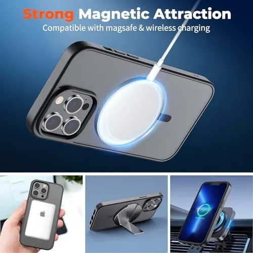 zapica Magnetic for iPhone 13 Pro Max Case, [MagSafe bilan mos] [Harbiy darajadagi tushishdan himoya] Yarim shaffof mat zarbga chidamli tirnalishga qarshi telefon qutisi, qora 