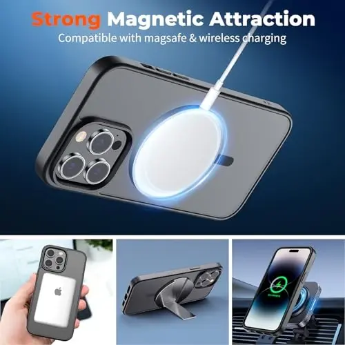 zapica Magnetic for iPhone 14 Pro Max Case, [MagSafe bilan mos] [Harbiy darajadagi tushishdan himoya] Yarim shaffof mato zarbga chidamli chizilishga qarshi telefon qutisi, qora - ZAPICA