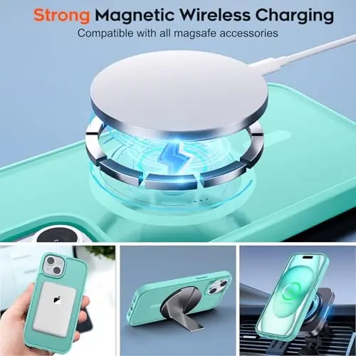 zapica Magnetic for iPhone 15 Case & iPhone 14 Case, [Compatible with MagSafe] [Military Grade Drop Protection] Translucent Matte Shockproof Anti-Scratch Phone Cover, Blue Green - 2