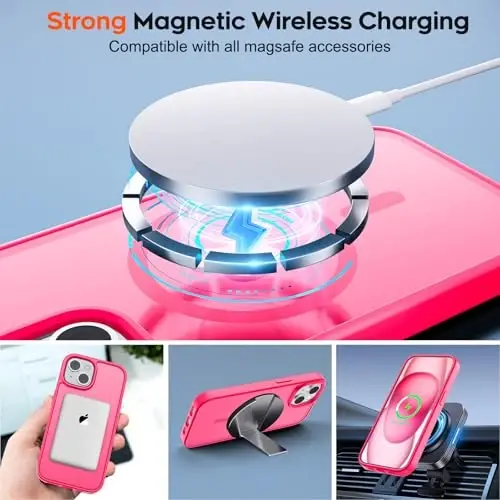 zapica Magnetic for iPhone 15 Case & iPhone 14 Case, [Compatible with MagSafe] [Military Grade Drop Protection] Translucent Matte Shockproof Anti-Scratch Phone Cover, Hot Pink - ZAPICA (1)