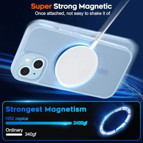 zapica Magnetic for iPhone 15 Case & iPhone 14 Case, Ice Blue | with Screen Protector, Compatible with MagSafe, Military Grade Drop Protection, Translucent Matte Anti-Scratch Phone Cover - 3