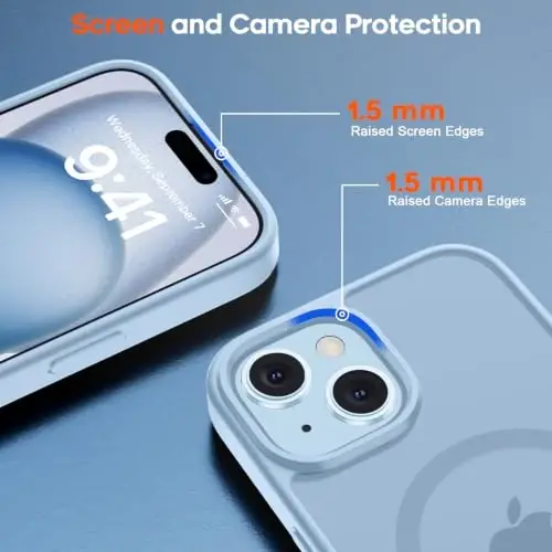 zapica Magnetic for iPhone 15 Case & iPhone 14 Case, Ice Blue | with Screen Protector, Compatible with MagSafe, Military Grade Drop Protection, Translucent Matte Anti-Scratch Phone Cover - 6