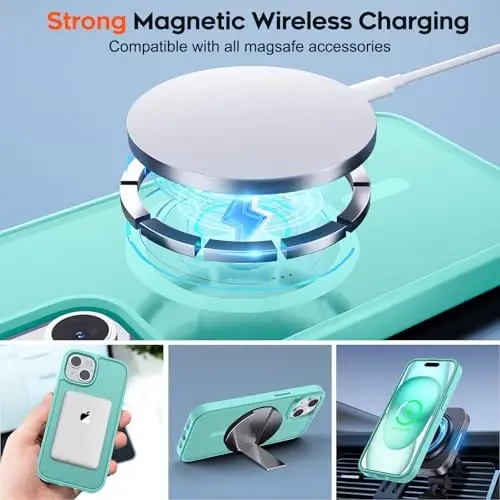 zapica Magnetic for iPhone 15 Plus Case & iPhone 14 Plus Case, [Compatible with MagSafe] [Military Grade Drop Protection] Translucent Matte Shockproof Anti-Scratch Phone Cover, Blue Green - 2