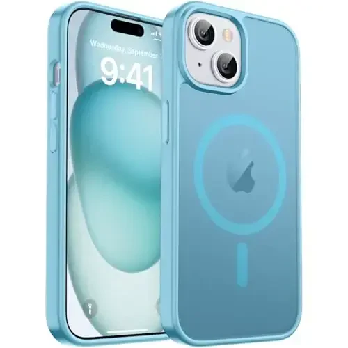 zapica Magnetic for iPhone 15 Plus Case & iPhone 14 Plus Case, [MagSafe bilan mos] [Harbiy darajadagi tushishdan himoya] Yarim shaffof matli zarbga chidamli tirnalishga qarshi telefon qopqog'i, och ko'k 