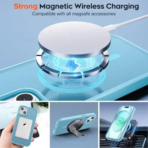 zapica Magnetic for iPhone 15 Plus Case & iPhone 14 Plus Case, [MagSafe bilan mos] [Harbiy darajadagi tushishdan himoya] Yarim shaffof matli zarbga chidamli tirnalishga qarshi telefon qopqog'i, och ko'k - 4