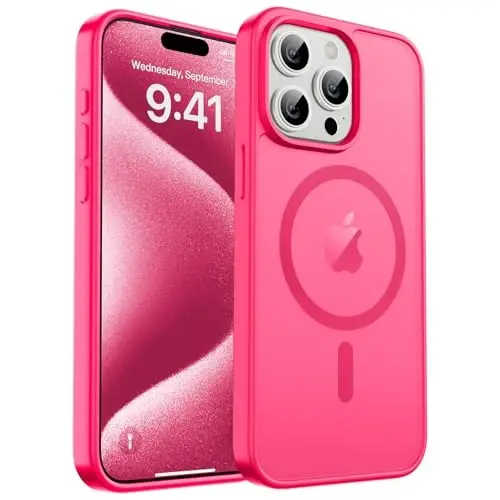 zapica Magnetic for iPhone 15 Pro Case, [Compatible with MagSafe] [Military Grade Drop Protection] Translucent Matte Shockproof Anti-Scratch Phone Case for Women and Men, Hot Pink - 1