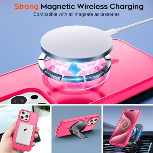 zapica Magnetic for iPhone 15 Pro Case, [Compatible with MagSafe] [Military Grade Drop Protection] Translucent Matte Shockproof Anti-Scratch Phone Case for Women and Men, Hot Pink - 4
