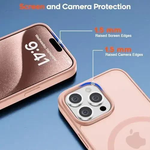 zapica Magnetic for iPhone 15 Pro Max Case, [MagSafe bilan mos] [Harbiy darajadagi tushishdan himoya] Ayollar va erkaklar uchun yarim shaffof mat zarbaga chidamli tirnalishga qarshi telefon qutisi, och pushti - 6