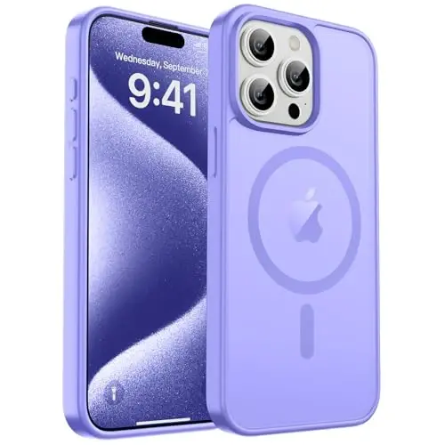 zapica Magnetic for iPhone 15 Pro Max Case, [MagSafe bilan mos] [Harbiy darajadagi tushishdan himoya] Ayollar va erkaklar uchun yarim shaffof mato zarbaga chidamli tirnalishga qarshi telefon qutisi, och binafsha 